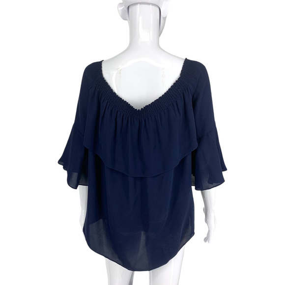Kobi Halperin Sz XS Navy Blue 100% Silk Off Shoulder Flare Sleeve Blouse Top - Picture 7 of 7